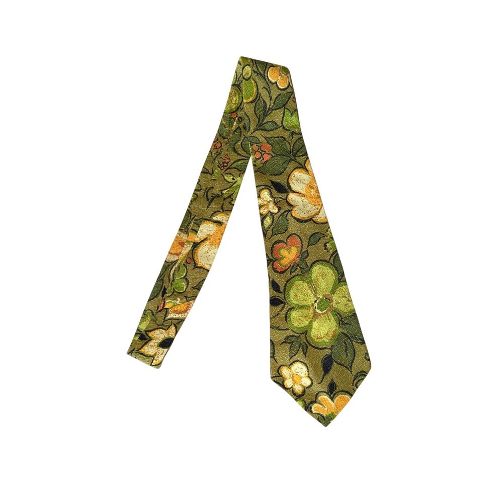 Vintage 70s green retro flower power men’s neck tie hippie